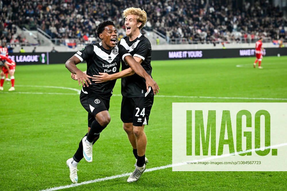 Dereck Moncada of FC Lugano L) celebrates his goal with Erik Elias Pihlstrom of FC Lugano R) during the UEFA Conference League 2026 27 League Phase MD1 match between FC Lugano and FK Crvena Zvezda at Lugano Arena on October 15, 2026 in Lugano, Switzerland. Lugano Lugano Arena Ticino Switzerland