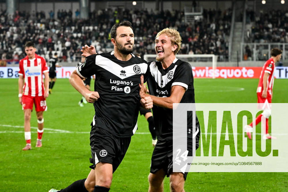 Anto Grgic of FC Lugano L) celebrates his goal with Erik Elias Pihlstrom of FC Lugano R) during the UEFA Conference League 2026 27 League Phase MD1 match between FC Lugano and FK Crvena Zvezda at Lugano Arena on October 15, 2026 in Lugano, Switzerland. Lugano Lugano Arena Ticino Switzerland