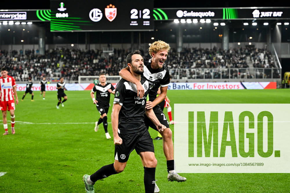 Anto Grgic of FC Lugano L) celebrates his goal with Erik Elias Pihlstrom of FC Lugano R) during the UEFA Conference League 2026 27 League Phase MD1 match between FC Lugano and FK Crvena Zvezda at Lugano Arena on October 15, 2026 in Lugano, Switzerland. Lugano Lugano Arena Ticino Switzerland