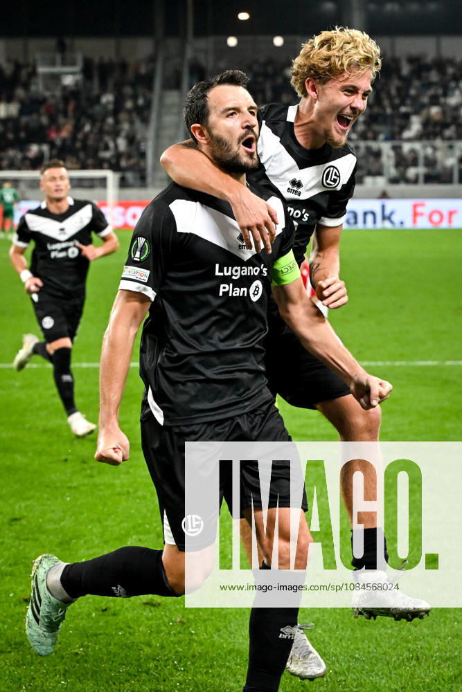 Anto Grgic of FC Lugano L) celebrates his goal with Erik Elias Pihlstrom of FC Lugano R) during the UEFA Conference League 2026 27 League Phase MD1 match between FC Lugano and FK Crvena Zvezda at Lugano Arena on October 15, 2026 in Lugano, Switzerland. Lugano Lugano Arena Ticino Switzerland