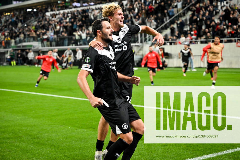 Anto Grgic of FC Lugano L) celebrates his goal with Erik Elias Pihlstrom of FC Lugano R) during the UEFA Conference League 2026 27 League Phase MD1 match between FC Lugano and FK Crvena Zvezda at Lugano Arena on October 15, 2026 in Lugano, Switzerland. Lugano Lugano Arena Ticino Switzerland