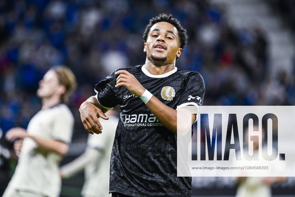 Gent s Momodou Lamin Sonko reacts during a soccer game between Belgian KAA Gent and Danish Aarhus GF, Thursday 15 October 2026 in Gent, the opening match of the UEFA Conference League league phase. TOMxGOYVAERT x189910990x