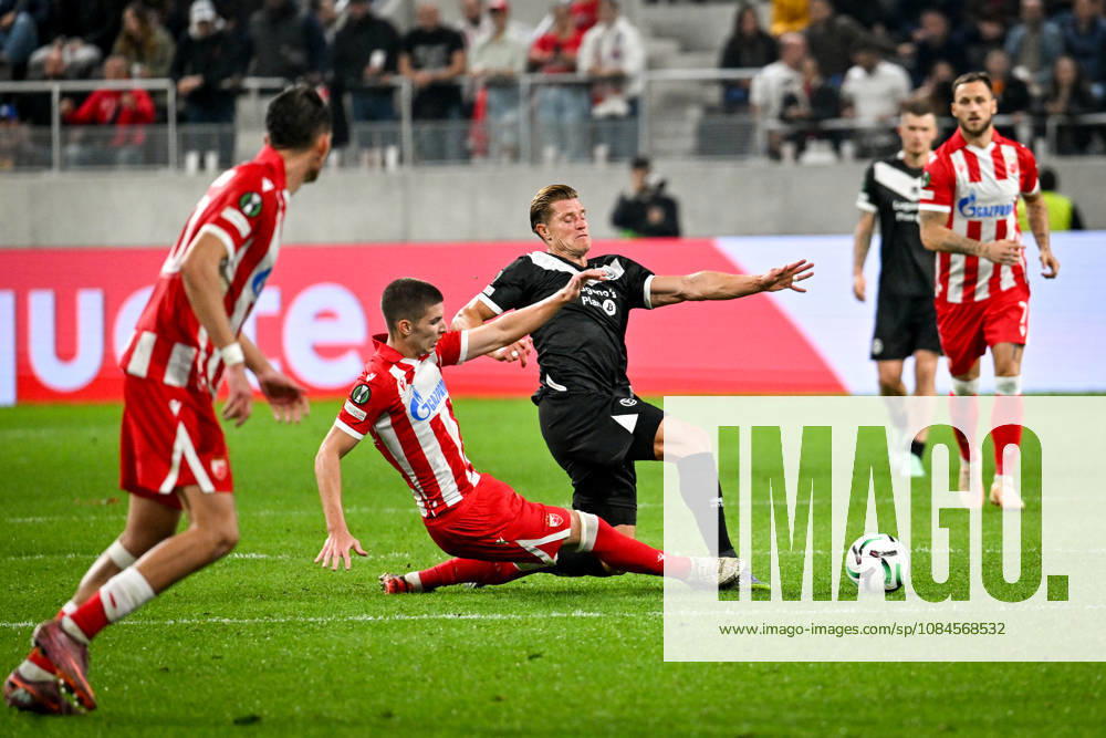 Stefan Gudelj of FK Crvena Zvezda and Kevin Behrens of FC Lugano battle for the ball during the UEFA Conference League 2026 27 League Phase MD1 match between FC Lugano and FK Crvena Zvezda at Lugano Arena on October 15, 2026 in Lugano, Switzerland. Lugano Lugano Arena Ticino Switzerland