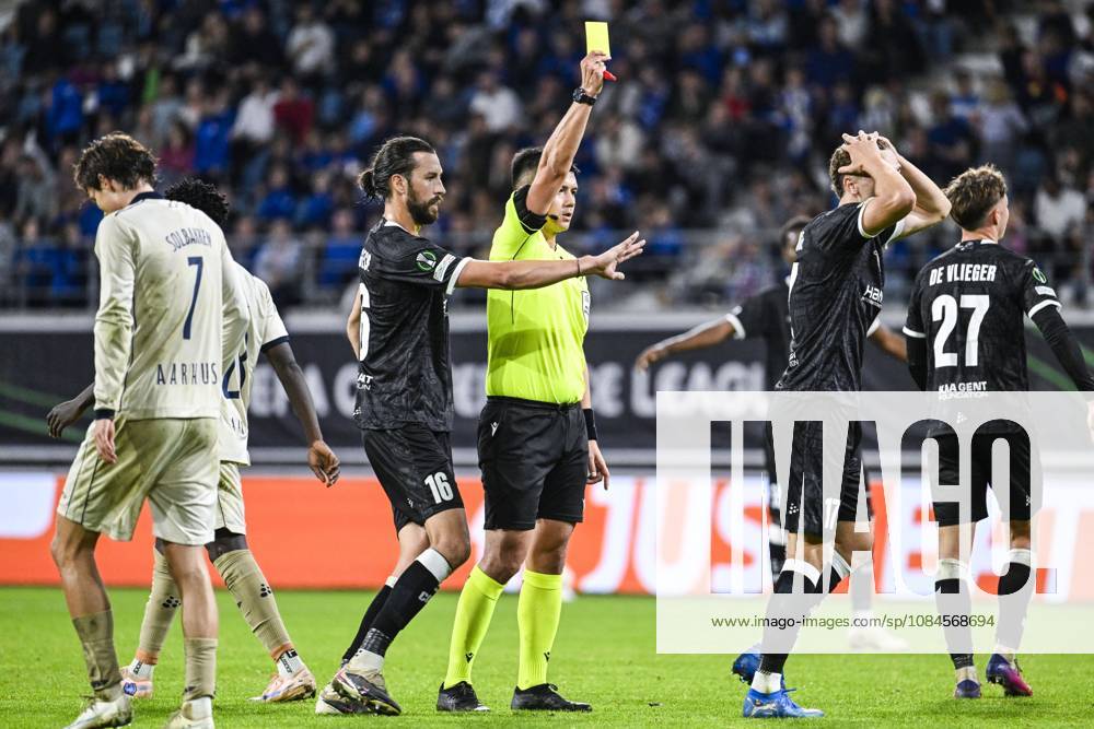 Gent s Mathias Delorge receives a yellow card from the referee during a soccer game between Belgian KAA Gent and Danish Aarhus GF, Thursday 15 October 2026 in Gent, the opening match of the UEFA Conference League league phase. TOMxGOYVAERT x189918749x
