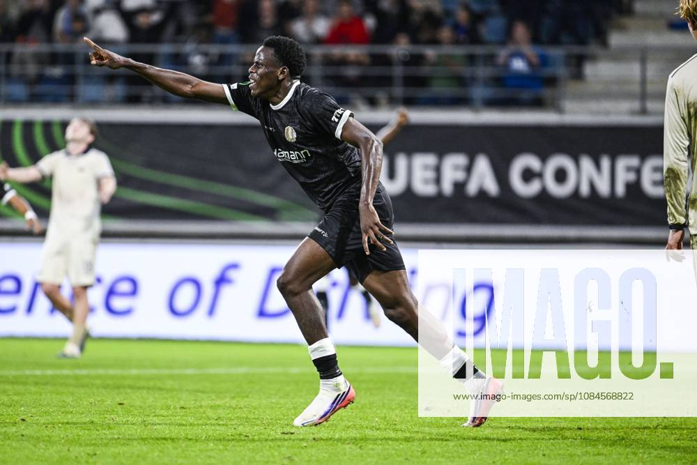 Gent s Hyllarion Goore celebrates after scoring during a soccer game between Belgian KAA Gent and Danish Aarhus GF, Thursday 15 October 2026 in Gent, the opening match of the UEFA Conference League league phase. TOMxGOYVAERT x189922169x