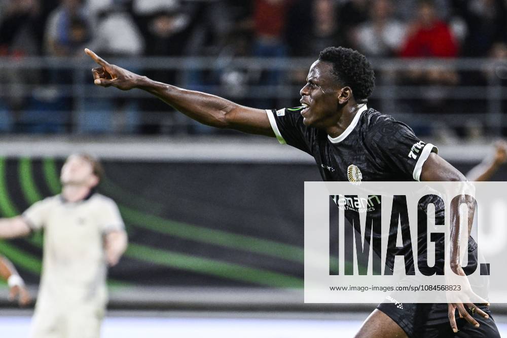 Gent s Hyllarion Goore celebrates after scoring during a soccer game between Belgian KAA Gent and Danish Aarhus GF, Thursday 15 October 2026 in Gent, the opening match of the UEFA Conference League league phase. TOMxGOYVAERT x189922175x