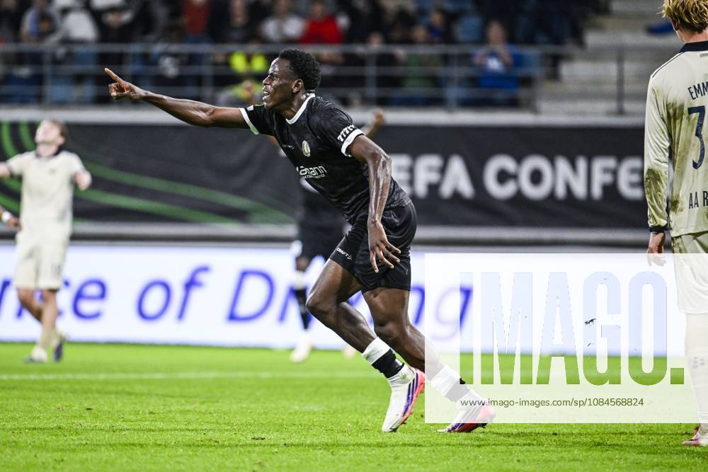 Gent s Hyllarion Goore celebrates after scoring during a soccer game between Belgian KAA Gent and Danish Aarhus GF, Thursday 15 October 2026 in Gent, the opening match of the UEFA Conference League league phase. TOMxGOYVAERT x189922180x
