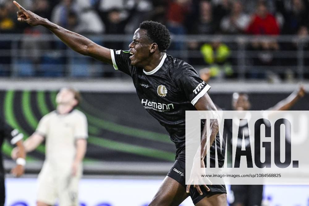 Gent s Hyllarion Goore celebrates after scoring during a soccer game between Belgian KAA Gent and Danish Aarhus GF, Thursday 15 October 2026 in Gent, the opening match of the UEFA Conference League league phase. TOMxGOYVAERT x189922238x