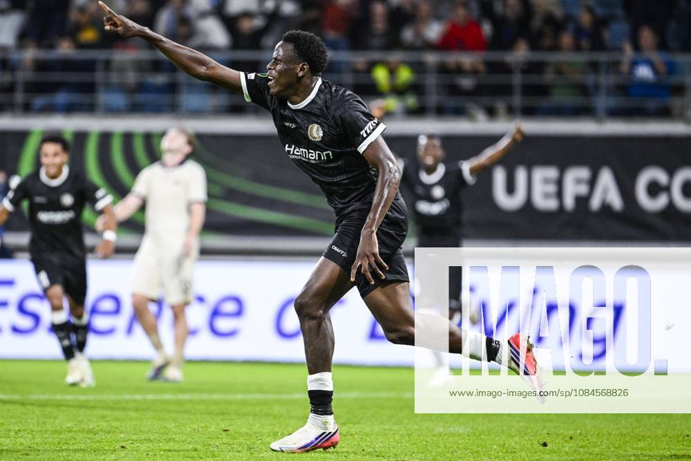 Gent s Hyllarion Goore celebrates after scoring during a soccer game between Belgian KAA Gent and Danish Aarhus GF, Thursday 15 October 2026 in Gent, the opening match of the UEFA Conference League league phase. TOMxGOYVAERT x189922231x