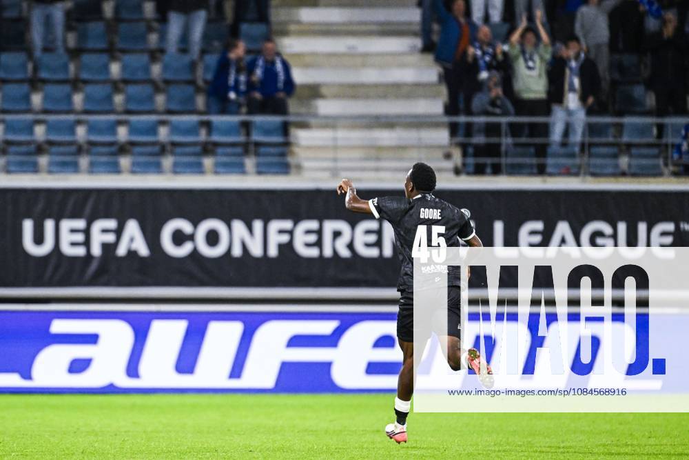 Gent s Hyllarion Goore celebrates after scoring during a soccer game between Belgian KAA Gent and Danish Aarhus GF, Thursday 15 October 2026 in Gent, the opening match of the UEFA Conference League league phase. TOMxGOYVAERT x189922387x