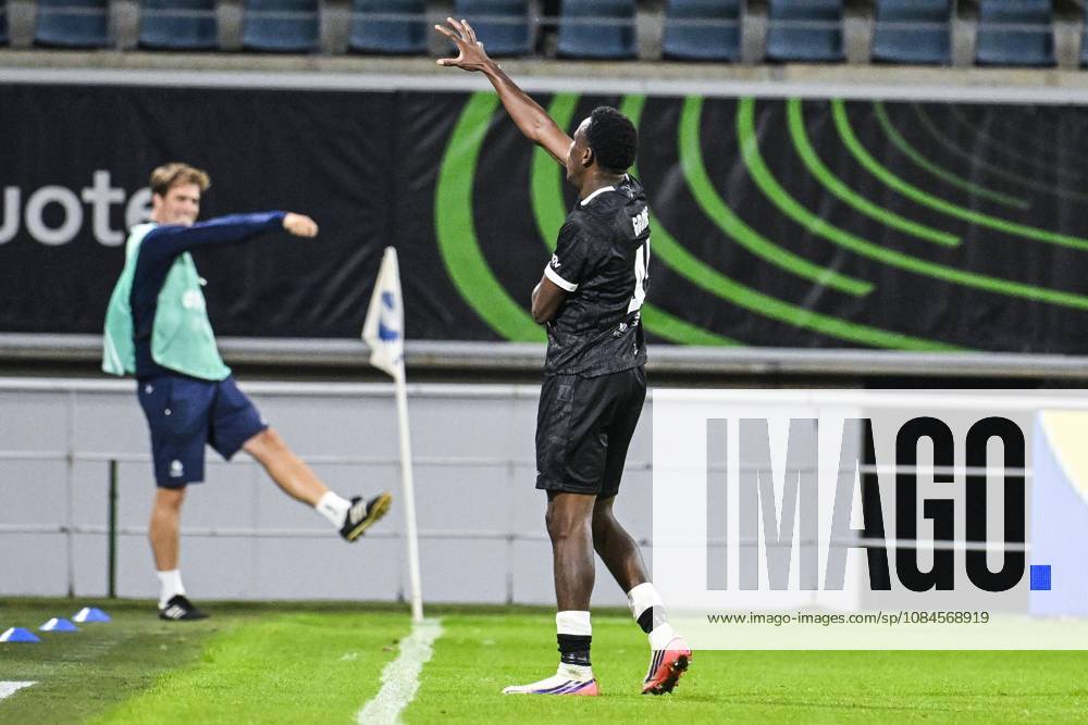 Gent s Hyllarion Goore celebrates after scoring during a soccer game between Belgian KAA Gent and Danish Aarhus GF, Thursday 15 October 2026 in Gent, the opening match of the UEFA Conference League league phase. TOMxGOYVAERT x189922477x