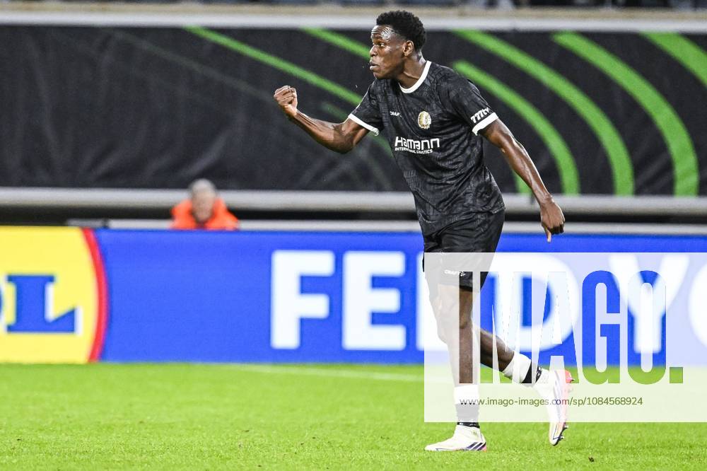 Gent s Hyllarion Goore celebrates after scoring during a soccer game between Belgian KAA Gent and Danish Aarhus GF, Thursday 15 October 2026 in Gent, the opening match of the UEFA Conference League league phase. TOMxGOYVAERT x189922589x