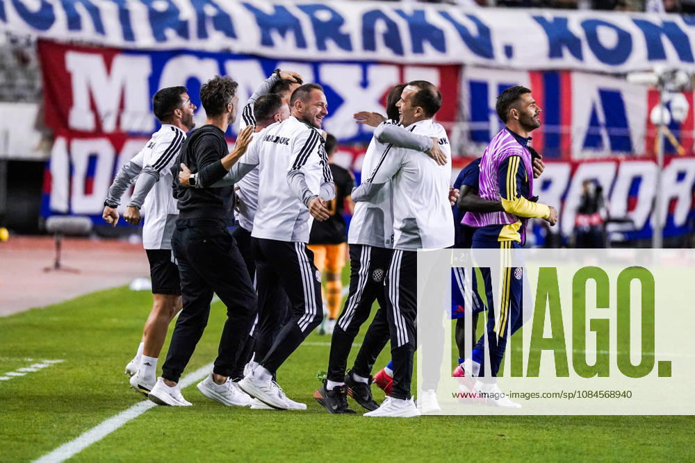 Fussball: Kroatien: UEFA Conference League 2026 2027 - 1. Runde, 15.10.2026 - HNK Hajduk Split vs. AFC Ajax Amsterdam - Stadion Poljud (Split, Kroatien); Hajduk Split Spieler bejubeln den Sieg