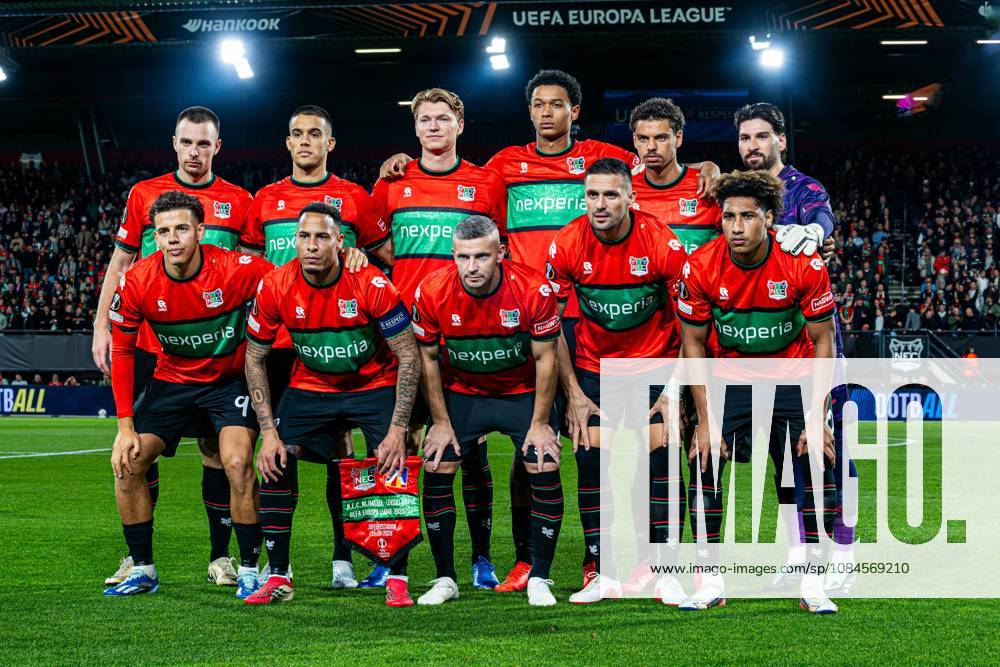 NIJMEGEN - (l-r) Darko Nejasmic of NEC Nijmegen, Gabriel Bras of NEC Nijmegen, Perr Schuurs of NEC Nijmegen, Kevin Kers of NEC Nijmegen, Deveron Fonville of NEC Nijmegen, Goalkeeper Gonzalo Crettaz of NEC Nijmegen, Clement Bischoff of NEC Nijmegen, Tjaronn Chery of NEC Nijmegen, Bryan Linssen of NEC Nijmegen, Dusan Tadic of NEC Nijmegen and Noe Lebreton of NEC Nijmegen pose for a team photo ahead of the UEFA Europa League match between NEC Nijmegen and Levski Sofia at the Goffertstadion on 15 October 2026 in Nijmegen, the Netherlands. KEVIN SENDERS ANP UEFA Europa League 2026 27 ANPxSportx xMarcelxterxBalsxIVx 572551000 originalFilename: 572551000