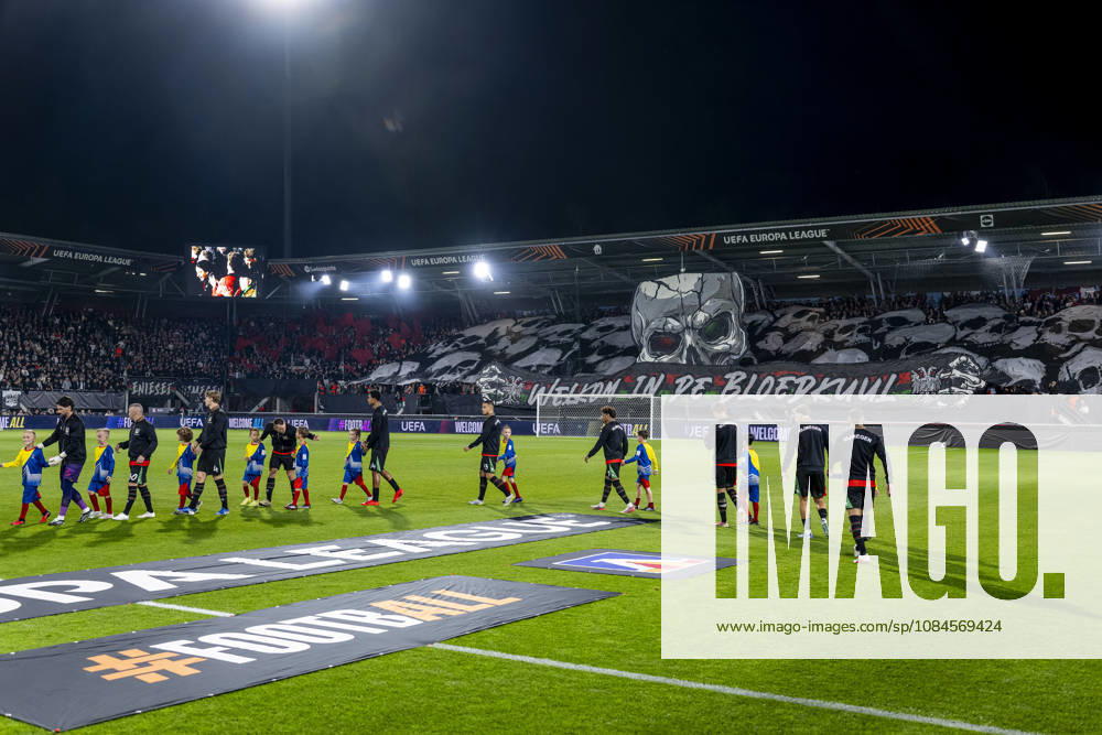 NIJMEGEN - NEC supporters held up a banner as both teams came onto the pitch ahead of the UEFA Europa League match between N.E.C. and Levski Sofia at Stadion De Goffert on 15 October 2026 in Nijmegen, Nederland. (Photo by DeFodi Images) -