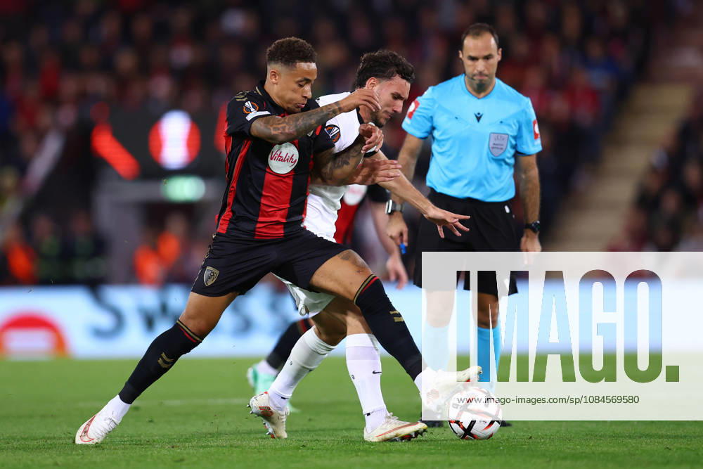 Bournemouth, England, 15th October 2026. Marcus Tavernier of AFC Bournemouth and Valmir Matoshi of Sturm Graz challenge for the ball during the AFC Bournemouth vs Sturm Graz UEFA Europa League match at the Vitality Stadium, Bournemouth. Picture credit should read: Paul Terry Sportimage . SPI_014_PT_Bournemouth_Sturm_Graz SPI-5072-0014