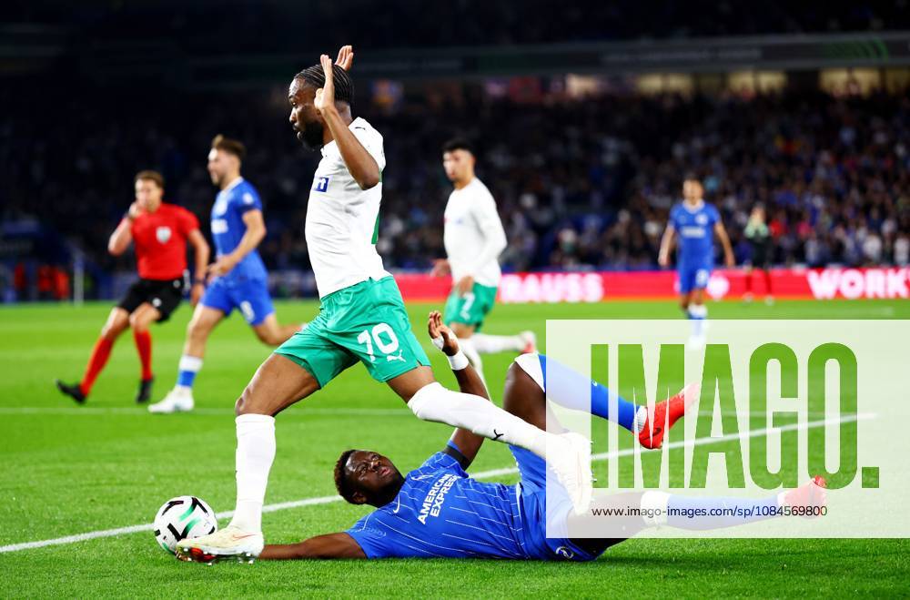 Fabien Ourega of Kauno Zalgiris and Ibrahim Osman of Brighton and Hove Albion. Brighton & Hove Albion v Kauno Zalgiris, UEFA Conference League, Football, American Express Stadium, Brighton, UK - 15 Oct 2026Brighton American Express Stadium United Kingdom