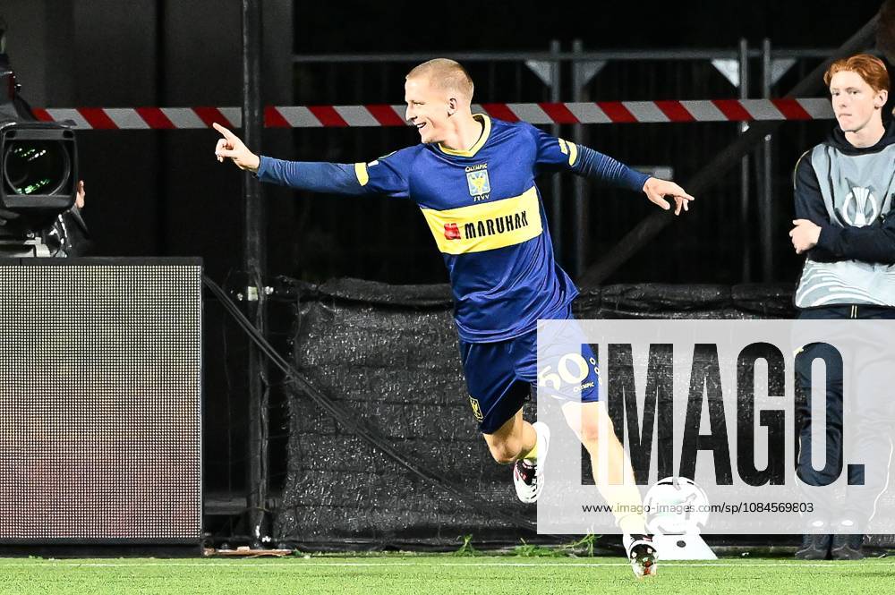 STVV s Robert-Jan Vanwesemael celebrates after scoring during a soccer game between Belgian Sint-Truidense VV and Georgian FC Iberia 1999 Tbilisi, Thursday 15 October 2026 in Sint-Truiden, the opening match of the UEFA Conference League league phase. JILLxDELSAUX x189926810x