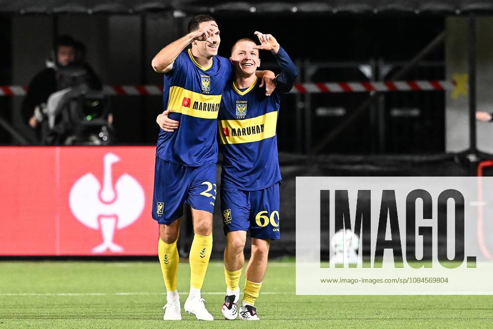 STVV s Robert-Jan Vanwesemael celebrates after scoring during a soccer game between Belgian Sint-Truidense VV and Georgian FC Iberia 1999 Tbilisi, Thursday 15 October 2026 in Sint-Truiden, the opening match of the UEFA Conference League league phase. JILLxDELSAUX x189926815x