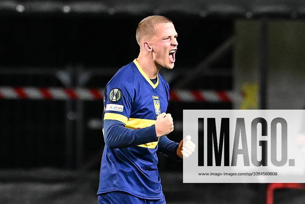 STVV s Robert-Jan Vanwesemael celebrates after scoring during a soccer game between Belgian Sint-Truidense VV and Georgian FC Iberia 1999 Tbilisi, Thursday 15 October 2026 in Sint-Truiden, the opening match of the UEFA Conference League league phase. JILLxDELSAUX x189926838x