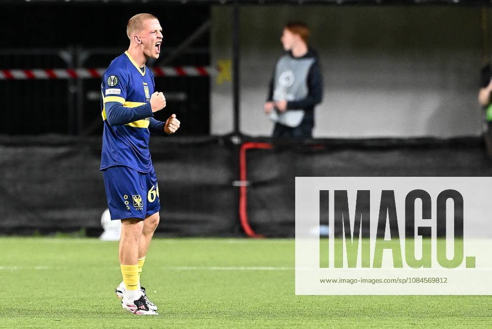 STVV s Robert-Jan Vanwesemael celebrates after scoring during a soccer game between Belgian Sint-Truidense VV and Georgian FC Iberia 1999 Tbilisi, Thursday 15 October 2026 in Sint-Truiden, the opening match of the UEFA Conference League league phase. JILLxDELSAUX x189926848x