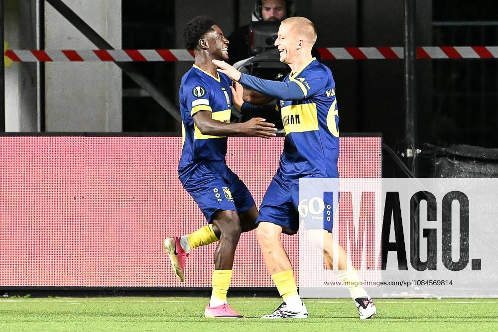 STVV s Robert-Jan Vanwesemael celebrates after scoring during a soccer game between Belgian Sint-Truidense VV and Georgian FC Iberia 1999 Tbilisi, Thursday 15 October 2026 in Sint-Truiden, the opening match of the UEFA Conference League league phase. JILLxDELSAUX x189926868x