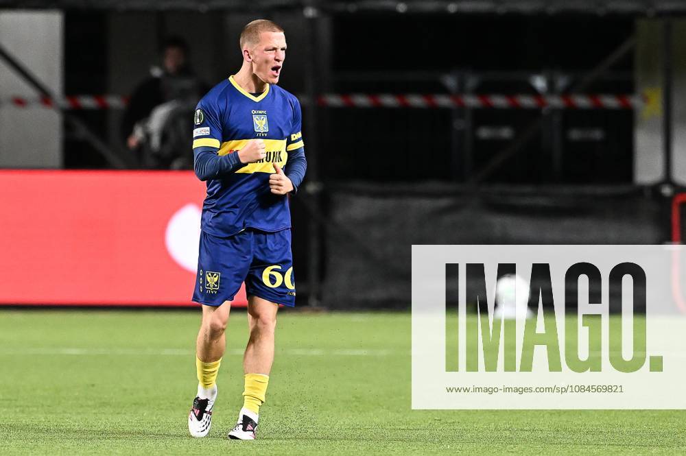 STVV s Robert-Jan Vanwesemael celebrates after scoring during a soccer game between Belgian Sint-Truidense VV and Georgian FC Iberia 1999 Tbilisi, Thursday 15 October 2026 in Sint-Truiden, the opening match of the UEFA Conference League league phase. JILLxDELSAUX x189926873x