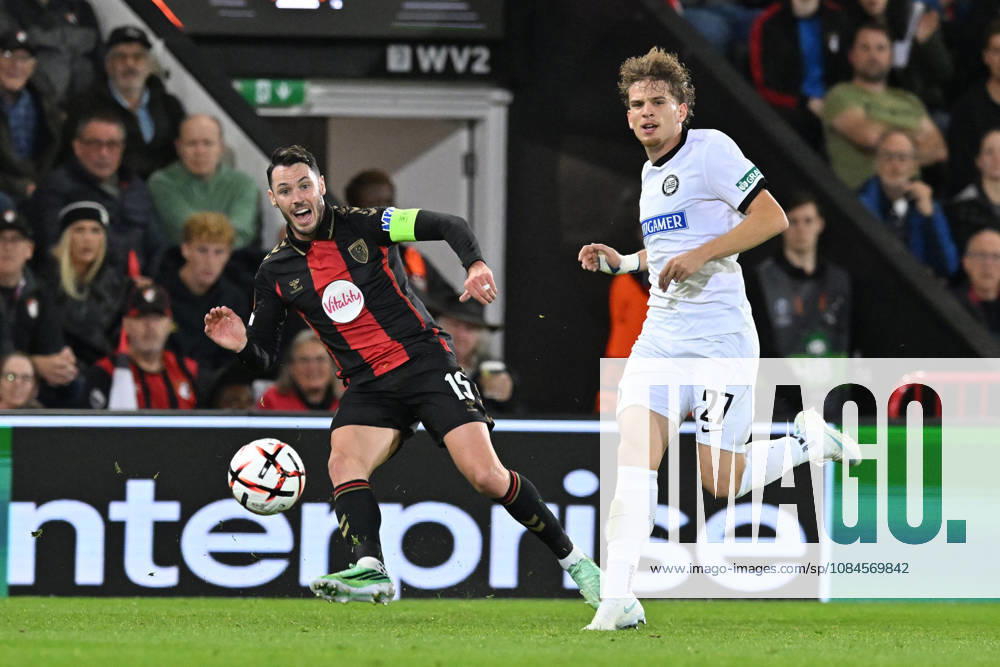 Bournemouth v Sturm Graz, Europa League Adam Smith (15) of AFC Bournemouth on the attack with Luis Balbo (27) of Sturm Graz closing in during the Europa League match between Bournemouth and Sturm Graz at the Vitality Stadium, Bournemouth, UK on 15 October 2026. Bournemouth Vitality Stadium Dorset UK Editorial use only ,