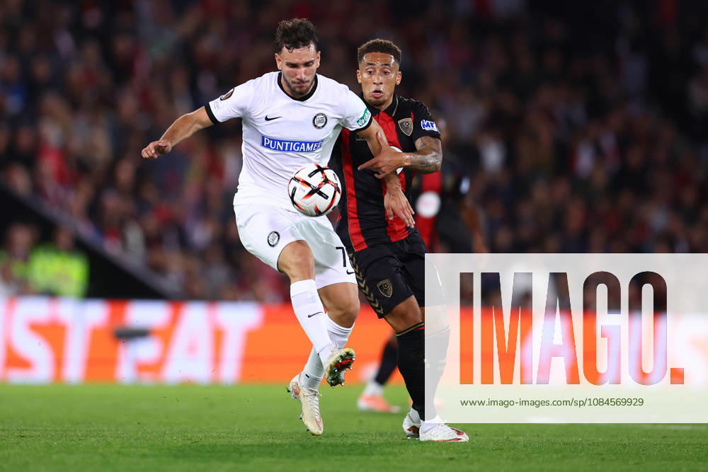 Bournemouth, England, 15th October 2026. Valmir Matoshi of Sturm Graz and Marcus Tavernier of AFC Bournemouth challenge for the ball during the AFC Bournemouth vs Sturm Graz UEFA Europa League match at the Vitality Stadium, Bournemouth. Picture credit should read: Paul Terry Sportimage . SPI_016_PT_Bournemouth_Sturm_Graz SPI-5072-0016