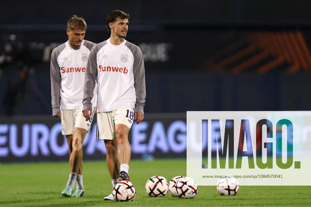 Zagreb, Croatia, 15th October 2026. UEFA Europa League. League phase, Matchday 2, Dinamo Zagreb vs Anderlecht at Maksimir Stadium, Zagreb. Lukas AMBROS (18) and Marten WINKLER (10) warming up. UEFA Europa League, Dinamo Zagreb vs Anderlecht.