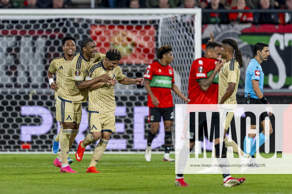 NIJMEGEN - (l-r) Levski Sofia defender Christian Makoun and Levski Sofia forward Everton Bala celebrate the 0-1 during the UEFA Europa League match between N.E.C. and Levski Sofia at Stadion De Goffert on 15 October 2026 in Nijmegen , Nederland. (Photo by DeFodi Images) -