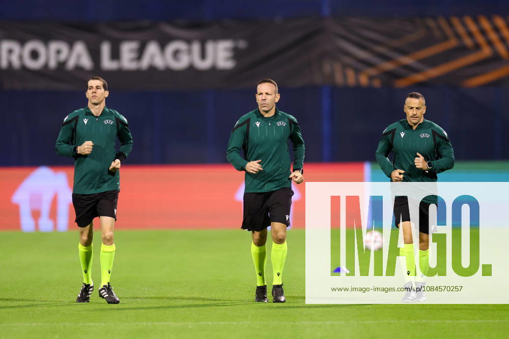 GNK Dinamo v RSC Anderlecht - UEFA Europa League 2026 27 League Phase MD2 Referees Idan Yarkoni, Orel Grinfeeld and Roy Hassan warm up before the UEFA Europa League 2026 27 League Phase MD2 match between GNK Dinamo and RSC Anderlecht at Stadion Maksimir on October 15, 2026 in Zagreb, Croatia. MatijaxHabljak PIXSELL
