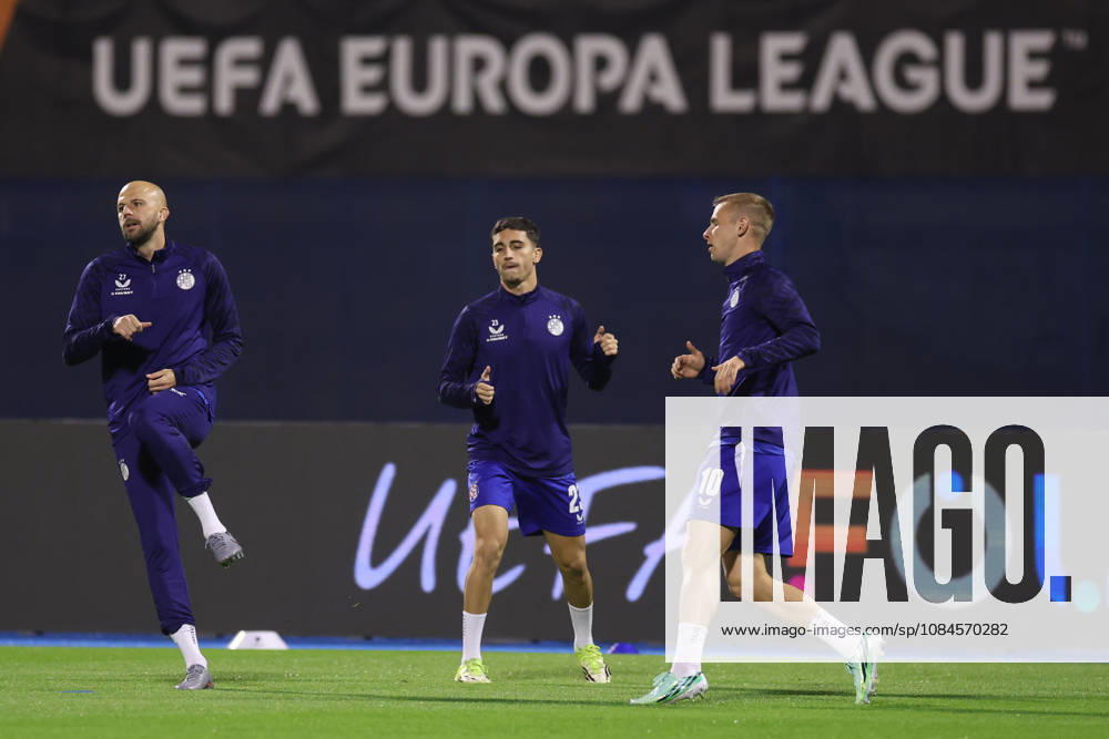 GNK Dinamo v RSC Anderlecht - UEFA Europa League 2026 27 League Phase MD2 Josip Misic, Iker Almena and Luka Stojkovic of Dinamo Zagreb warm up before the UEFA Europa League 2026 27 League Phase MD2 match between GNK Dinamo and RSC Anderlecht at Stadion Maksimir on October 15, 2026 in Zagreb, Croatia. MatijaxHabljak PIXSELL