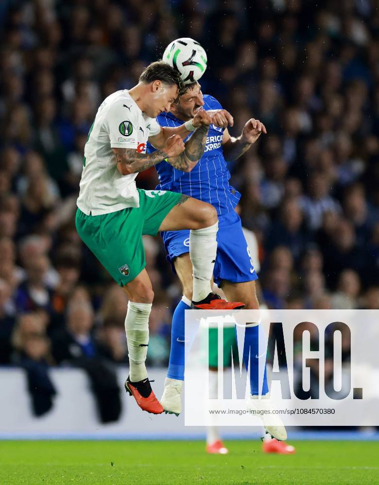 Franco Baldassarra of Kauno Zalgiris and Lewis Dunk of Brighton and Hove Albion. Brighton & Hove Albion v Kauno Zalgiris, UEFA Conference League, Football, American Express Stadium, Brighton, UK - 15 Oct 2026Brighton American Express Stadium United Kingdom