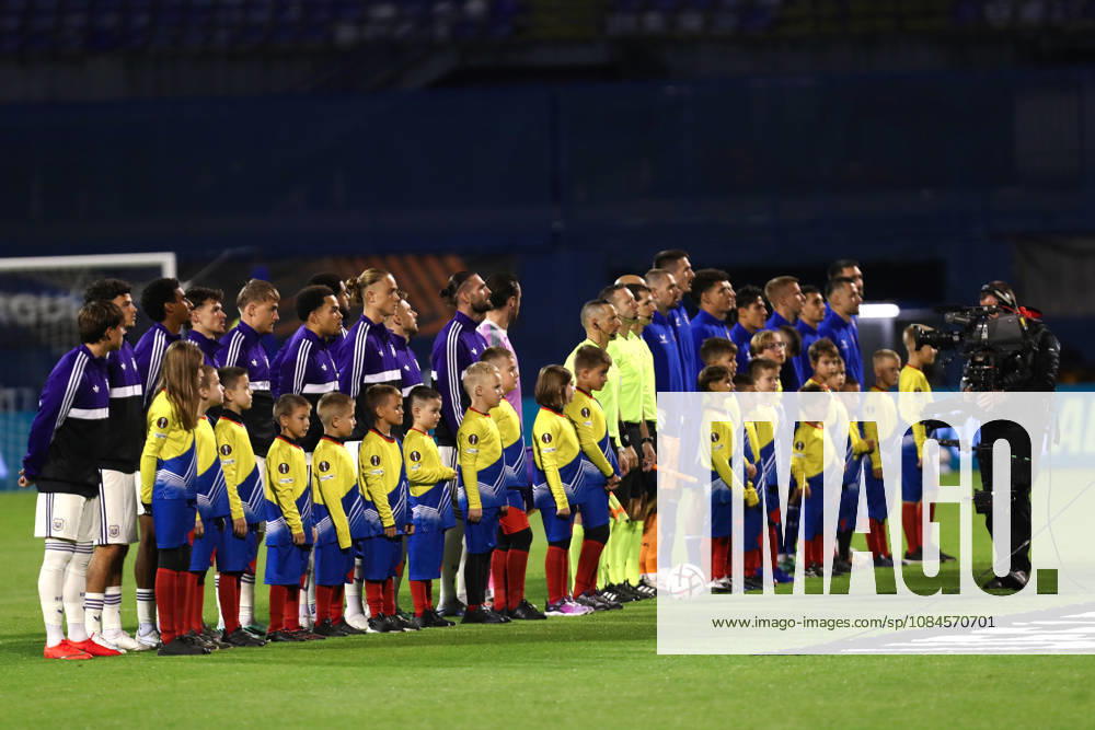 Zagreb, Croatia, 15th October 2026. UEFA Europa League. League phase, Matchday 2, Dinamo Zagreb vs Anderlecht at Maksimir Stadium, Zagreb. Players and kids posing for cameras and photographers. UEFA Europa League, Dinamo Zagreb vs Anderlecht.