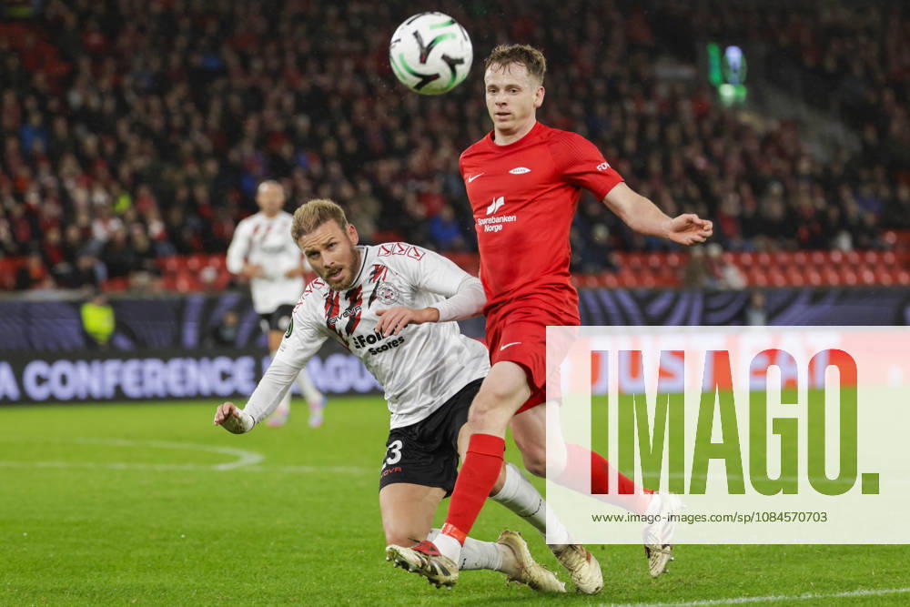 Soccer, Conference League 2026 Brann vs. Lincoln Red Imps, Bergen, October 15, 2026. Brann’s Saevar Atli Magnusson and Lincoln Red Imps’ Joe during the Conference League soccer match between SK Brann and Lincoln Red Imps at Brann Stadium. Photo by Paul S. Amundsen, NTB, Bergen, Norway. EDITORFOR MEDIA USE ONLY; RESTRICTED USE FOR BETTING COMPANIES