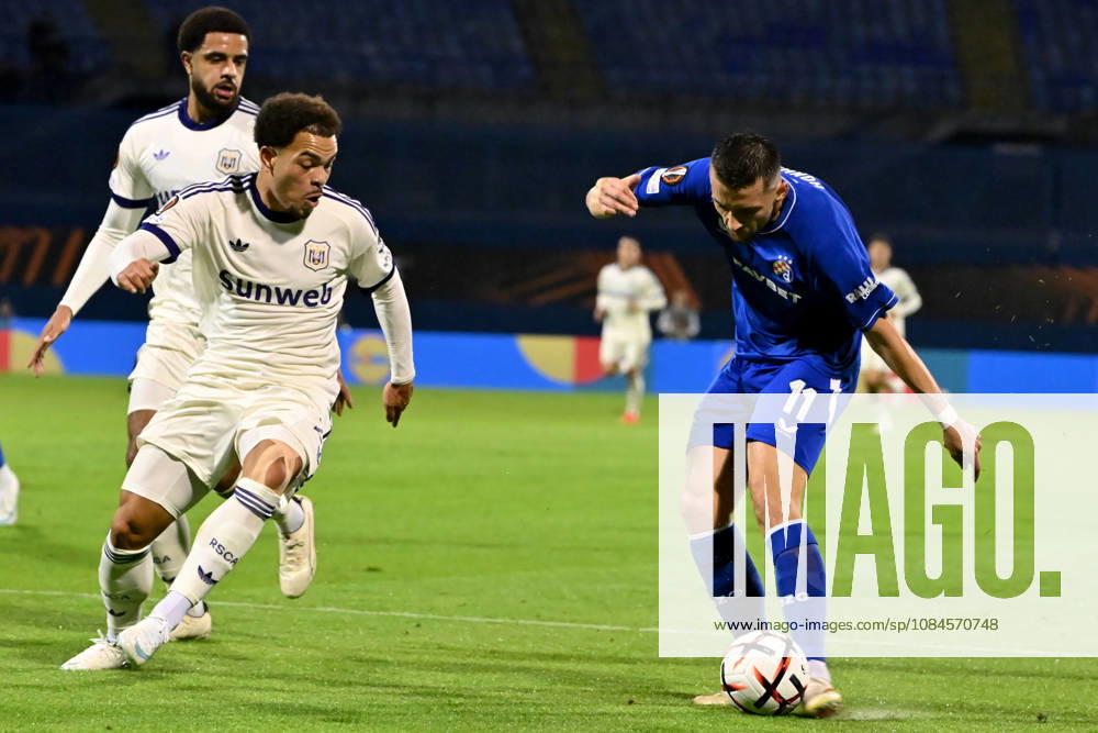 Arber Hoxha of Dinamo Zagreb (R) in action during the UEFA Europa League match between Dinamo Zagreb (Croatia) and Anderlecht (Belgium) at Stadion Maksimir, Zagreb on October 15, 2026 in Zagreb, Croatia. (Photo by Igor Kupljenik Sports Press Photo).