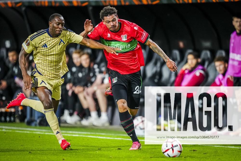 , Stadium De Goffert , season 2026 2027 , UEFA Europa League football , match between NEC Nijmegen and Levski Sofia , picture shows Levski Sofia player Aldair Neves and NEC Nijmegen player Deveron Fonville NEC - Levski Sofia x208454650x