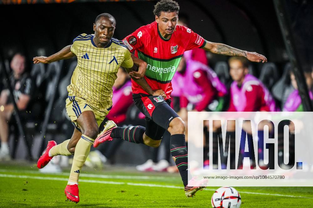 , Stadium De Goffert , season 2026 2027 , UEFA Europa League football , match between NEC Nijmegen and Levski Sofia , picture shows Levski Sofia player Aldair Neves and NEC Nijmegen player Deveron Fonville NEC - Levski Sofia x208454673x