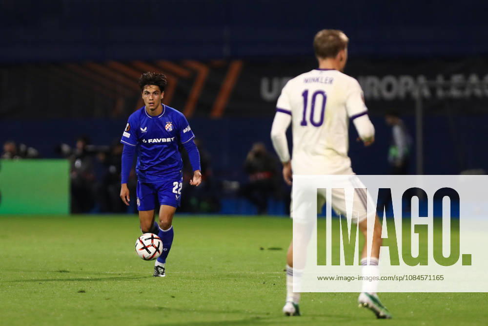 Zagreb, Croatia, 15th October 2026. UEFA Europa League. League phase, Matchday 2, Dinamo Zagreb vs Anderlecht at Maksimir Stadium, Zagreb. Matteo PEREZ VINLOF (22) and Marten WINKLER (10). UEFA Europa League, Dinamo Zagreb vs Anderlecht.