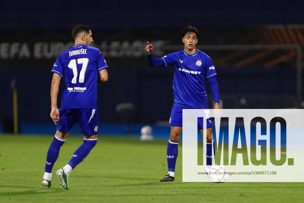 Zagreb, Croatia, 15th October 2026. UEFA Europa League. League phase, Matchday 2, Dinamo Zagreb vs Anderlecht at Maksimir Stadium, Zagreb. Matteo PEREZ VINLOF (22) with the ball and Luka IVANUSEC (17). UEFA Europa League, Dinamo Zagreb vs Anderlecht.