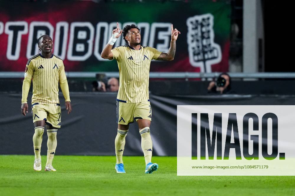 , Stadium De Goffert , season 2026 2027 , UEFA Europa League football , match between NEC Nijmegen and Levski Sofia , picture shows Levski Sofia player Reinaldo scores the 0-1 NEC - Levski Sofia x208455100x