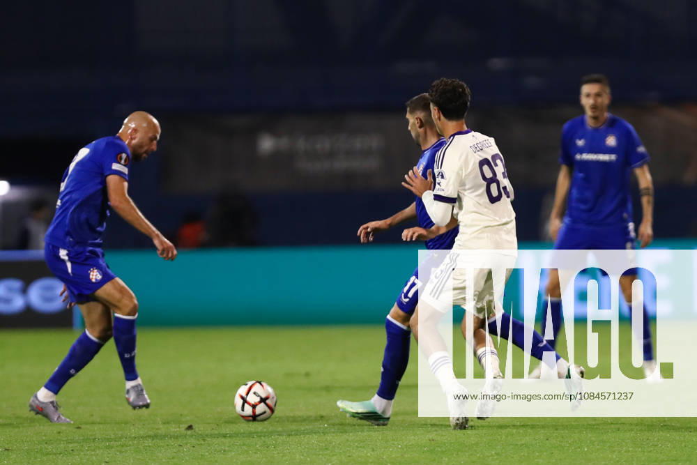 Zagreb, Croatia, 15th October 2026. UEFA Europa League. League phase, Matchday 2, Dinamo Zagreb vs Anderlecht at Maksimir Stadium, Zagreb. Luka IVANUSEC (17) and Tristan DEGREEF (83) in duel. UEFA Europa League, Dinamo Zagreb vs Anderlecht.