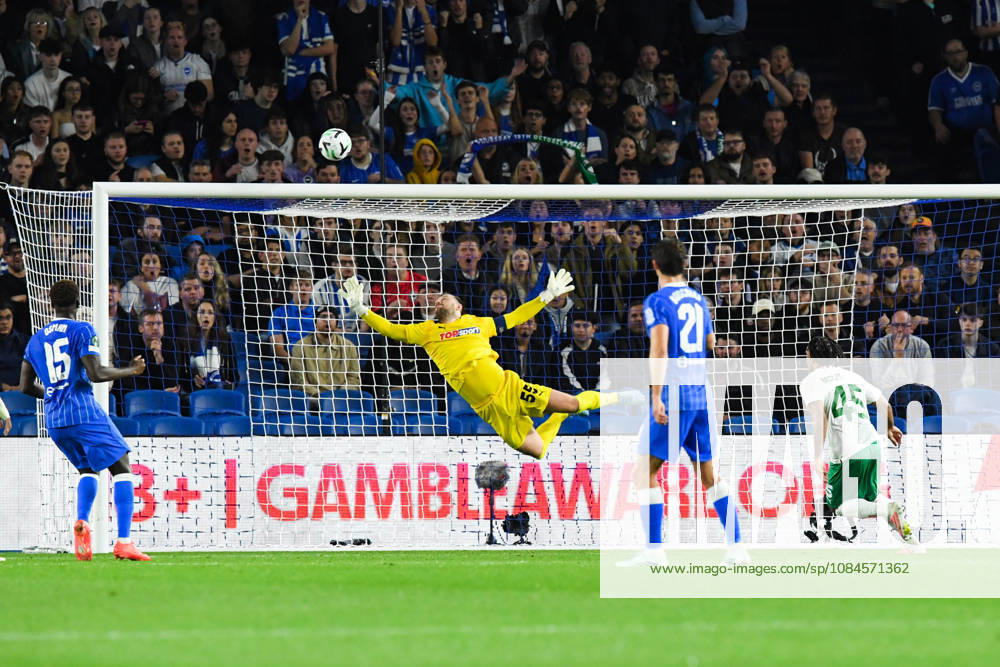 Brighton and Hove Albion v Kauno Zalgiris, UEFA Conference League Tomas Svedkauskas of Kauno Zalgiris makes a diving save during the UEFA Conference League match between Brighton and Hove Albion and Kauno Zalgiris at the American Express Stadium, Brighton and Hove, UK on 15 October 2026. Brighton and Hove American Express Stadium East Sussex UK Editorial use only ,