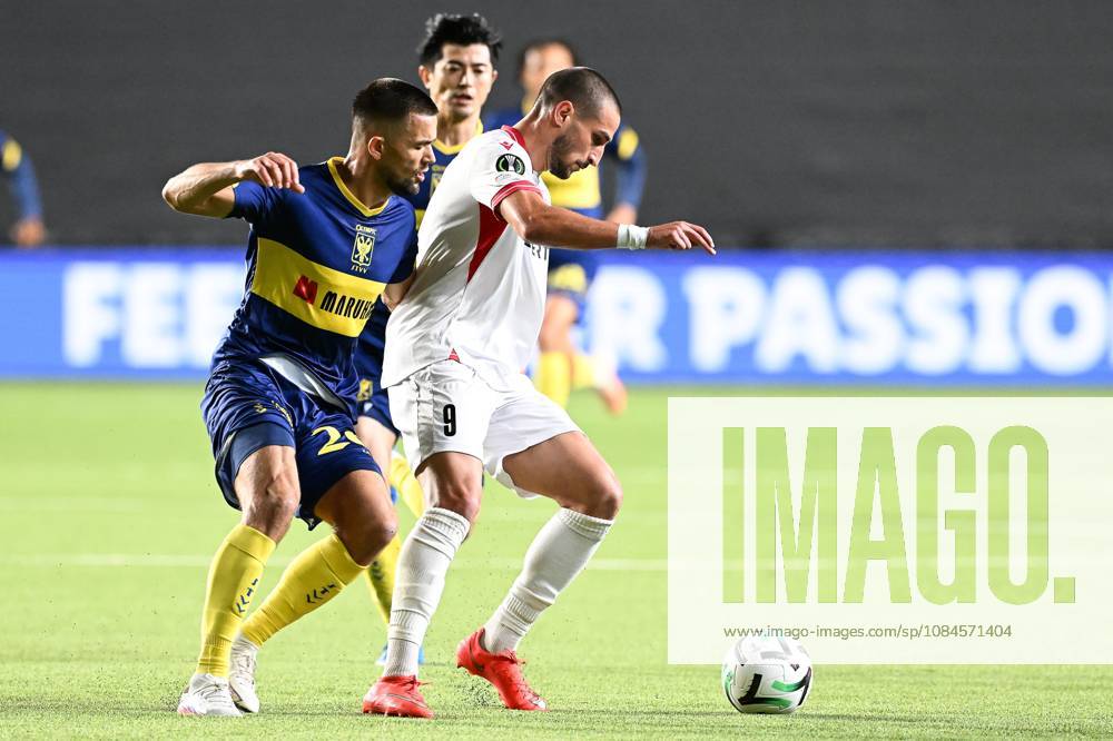 STVV s Visar Musliu; Iberia s Amiran Dzagania and STVV s Shogo Taniguchi pictured in action during a soccer game between Belgian Sint-Truidense VV and Georgian FC Iberia 1999 Tbilisi, Thursday 15 October 2026 in Sint-Truiden, the opening match of the UEFA Conference League league phase. JILLxDELSAUX x189929183x
