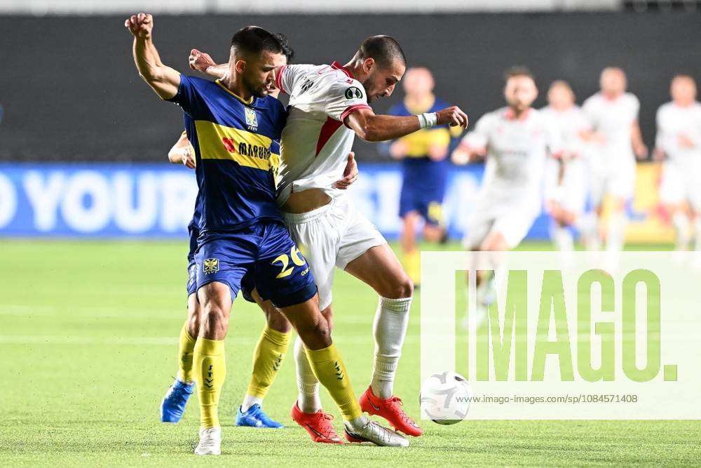 STVV s Visar Musliu; Iberia s Amiran Dzagania and STVV s Shogo Taniguchi pictured in action during a soccer game between Belgian Sint-Truidense VV and Georgian FC Iberia 1999 Tbilisi, Thursday 15 October 2026 in Sint-Truiden, the opening match of the UEFA Conference League league phase. JILLxDELSAUX x189929184x