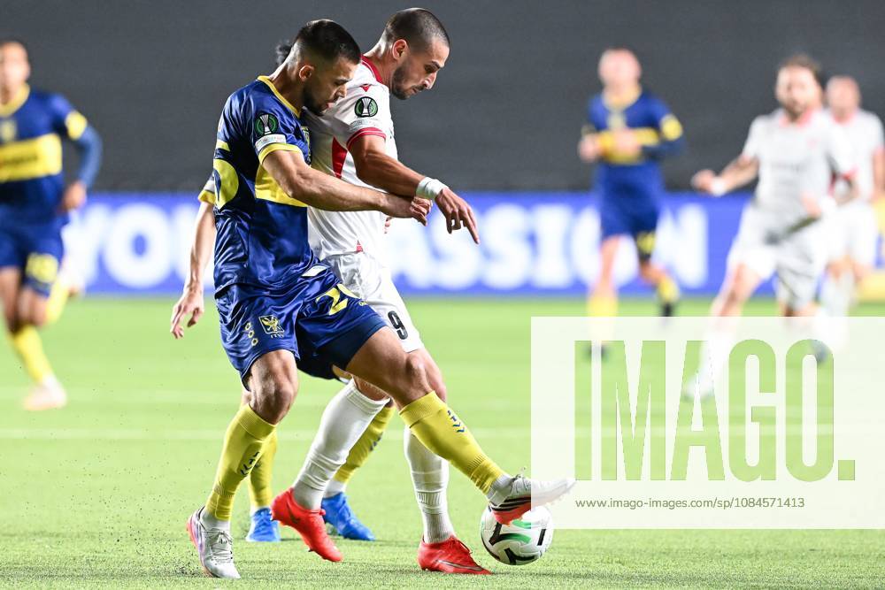 STVV s Visar Musliu; Iberia s Amiran Dzagania and STVV s Shogo Taniguchi pictured in action during a soccer game between Belgian Sint-Truidense VV and Georgian FC Iberia 1999 Tbilisi, Thursday 15 October 2026 in Sint-Truiden, the opening match of the UEFA Conference League league phase. JILLxDELSAUX x189929185x