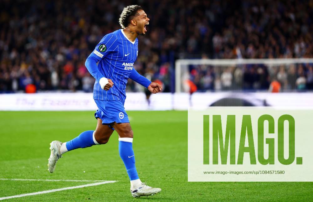 Georginio Rutter of Brighton and Hove Albion celebrates scoring a goal after making the score 1-0. Brighton & Hove Albion v Kauno Zalgiris, UEFA Conference League, Football, American Express Stadium, Brighton, UK - 15 Oct 2026Brighton American Express Stadium United Kingdom