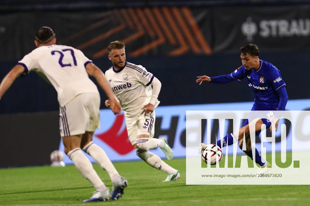 Zagreb, Croatia, 15th October 2026. UEFA Europa League. League phase, Matchday 2, Dinamo Zagreb vs Anderlecht at Maksimir Stadium, Zagreb. Iker ALMENA (23) shooting the ball. UEFA Europa League, Dinamo Zagreb vs Anderlecht.