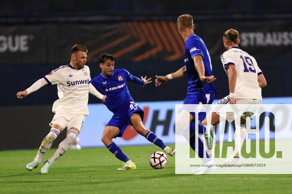 Zagreb, Croatia, 15th October 2026. UEFA Europa League. League phase, Matchday 2, Dinamo Zagreb vs Anderlecht at Maksimir Stadium, Zagreb. Iker ALMENA (23), Luka STOJKOVIC (10), Thelo AASGAARD (19). UEFA Europa League, Dinamo Zagreb vs Anderlecht.